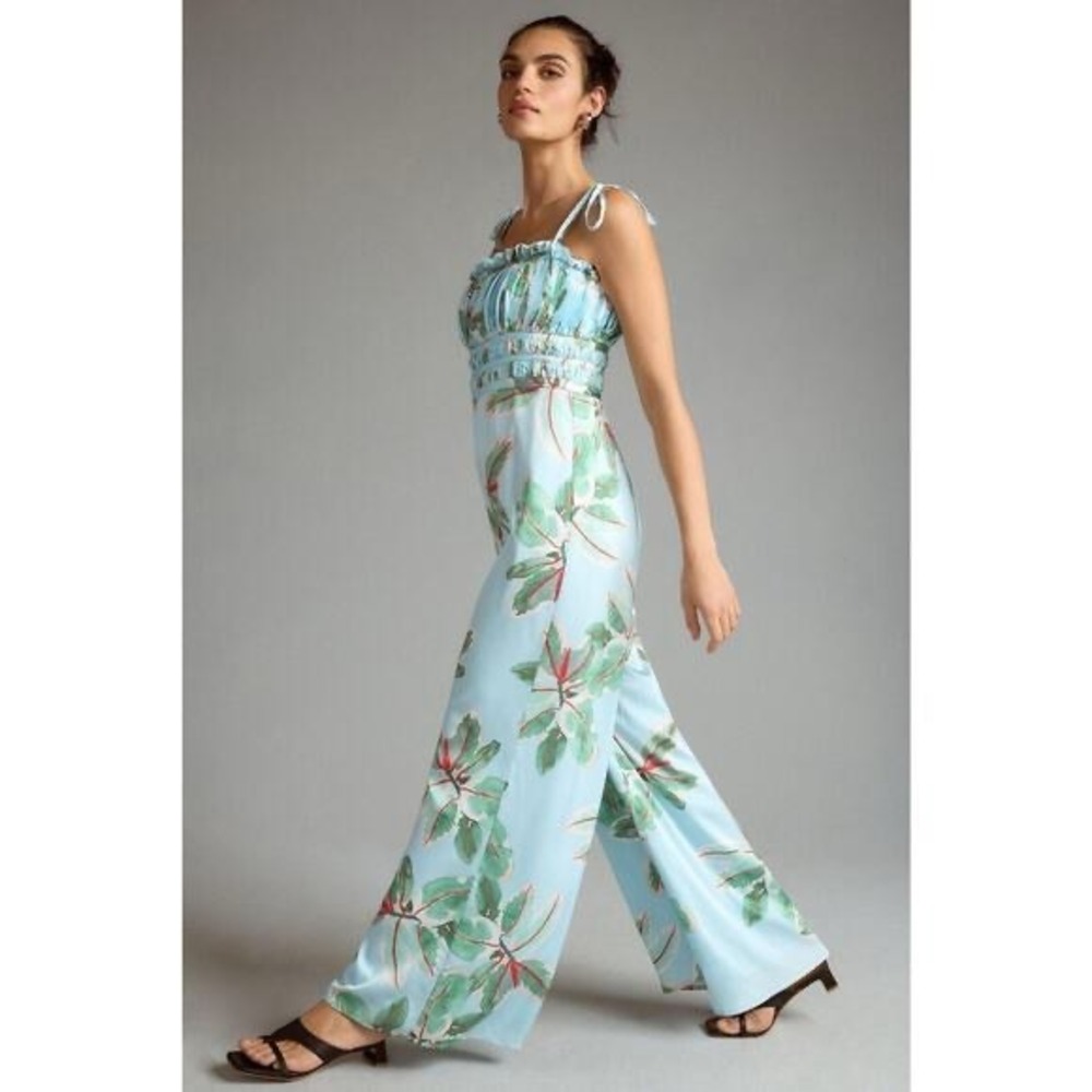 Hutch Ruched Tropical Jumpsuit Women 12P Blue Wide Leg Floral Leaf 10799